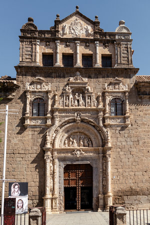 Historic stone facade in Toledo, Spain with intricate architectural detailsの写真素材