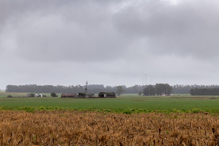 Rural landscape with farmland, rustic buildings, and wind turbines under cloudsの写真素材