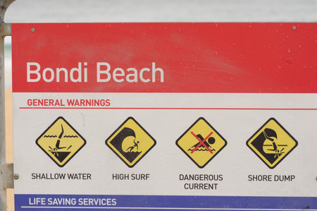 Bondi Beach safety sign showing surf hazards and life-saving servicesの写真素材