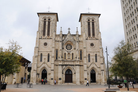 San Antonio, Texas, USA. March 16, 2013: San Fernando Cathedral in San Antonio, Texas, stands tall under a cloudy sky.の写真素材