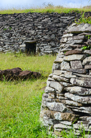 Ancient stone structures amidst greenery on Easter Island.の写真素材