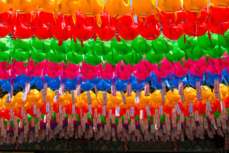 Lanterns at Jogyesa Temple in Seoul create a festive atmosphereの写真素材