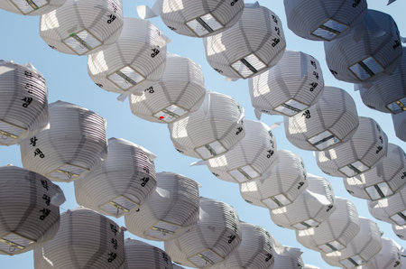 Paper lanterns hang in rows at Jogyesa Temple in Seoul, South Koreaの写真素材