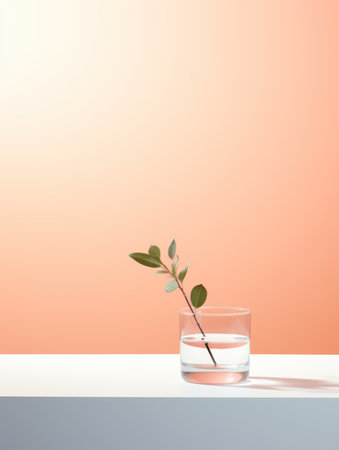 Glass of water with green plant on white table and orange background.の素材