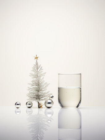 Christmas tree and glass of water on white background with copy space.の素材