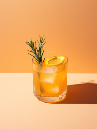 Cocktail with lemon, rosemary and ice on orange backgroundの素材
