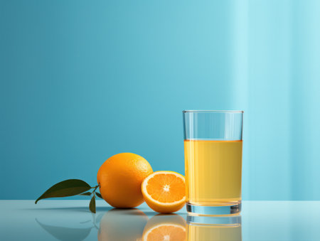 Glass of orange juice with fresh oranges on a blue background with copy spaceの素材
