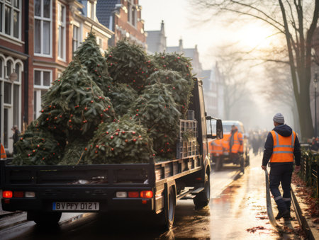 Workers unload Christmas tree on a truck in the Netherlandsの素材