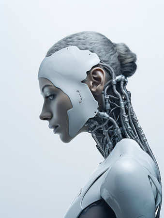 3D rendering of a female cyborg with artificial intelligence on white backgroundの素材