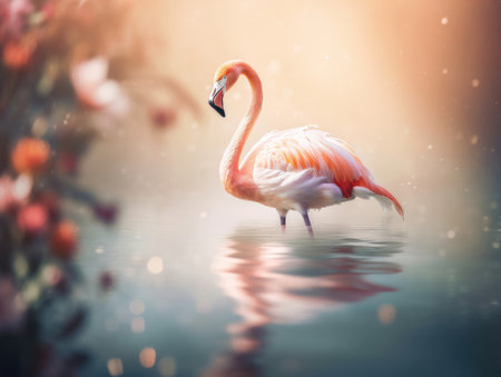 Beautiful flamingo in the water with soft focus background. Vintage style.の素材
