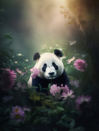 Giant panda in the forest with flowers,3d illustrationの素材