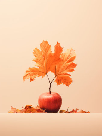 Autumn still life with red apple and maple leaves on white backgroundの素材