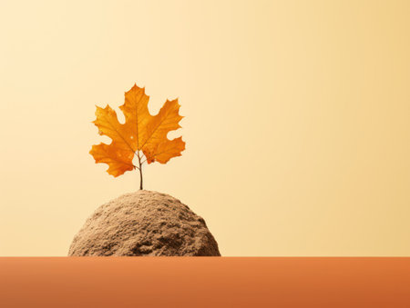 Conceptual image of a yellow autumn oak tree growing from a rockの素材