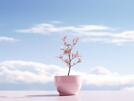 Pink plant in pot on blue sky background. 3D rendering.の素材
