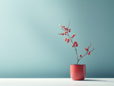 Red flower in vase on white table and blue wall background.の素材
