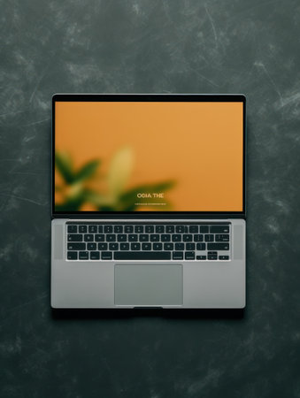 top view of laptop with blank screen on blackboard, mockupの素材