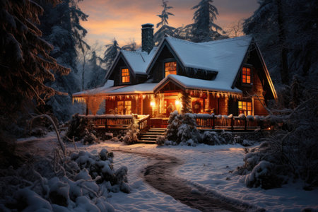 Winter cottage in the forest at sunset. Wooden house in the mountains.の素材