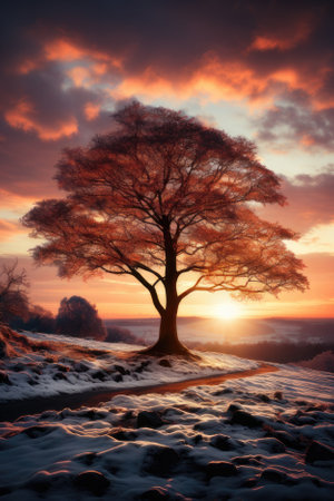Beautiful winter landscape with lonely tree at sunrise. HDR image.の素材