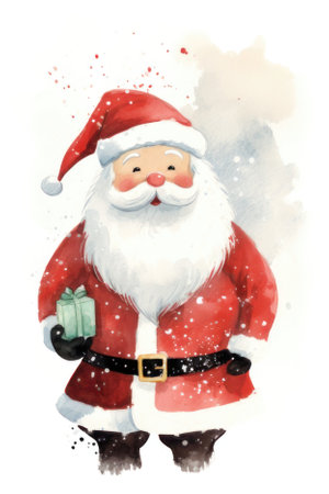 Watercolor illustration of Santa Claus with gift box on white background.の素材