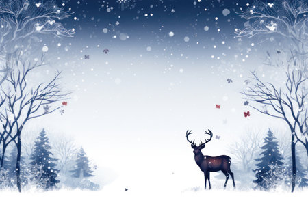 Winter landscape with deer and falling snow. Christmas and New Year background.の素材