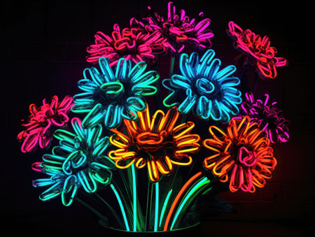 Neon flowers in the shape of a flower on a black backgroundの素材
