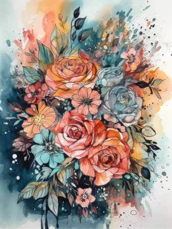 Beautiful bouquet of flowers on watercolor background. Hand-drawn illustration.の素材