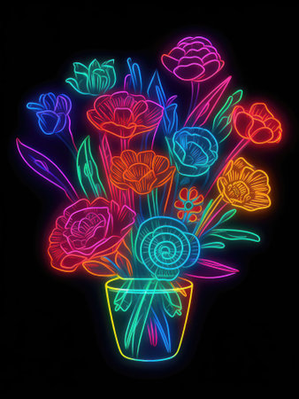 Illustration of a bouquet of flowers in a neon style.の素材