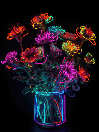 Colorful flowers in a glass vase on a black background.の素材