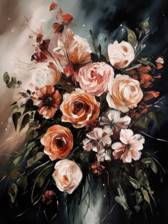 Bouquet of roses in watercolor style on a dark backgroundの素材