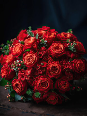 Bouquet of red roses on a dark background, copy spaceの素材