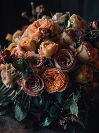Wedding bouquet of roses on a black background, selective focusの素材