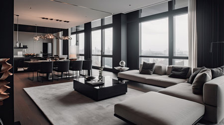 Luxury living room interior with black walls, concrete floor, panoramic window with city view. 3d renderingの素材
