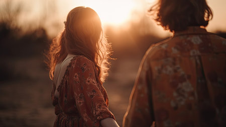 Back view of young couple in love walking through the field at sunsetの素材
