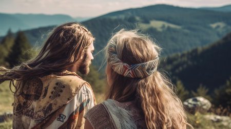 Young hippie couple looking at the mountains. Boho style.の素材