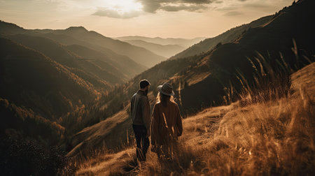 Couple walking in the mountains at sunset. Back view of a man and woman standing on the top of the mountain and looking at the valley.の素材