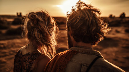 Back view of young couple looking at the sunset in the desert.の素材