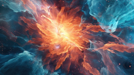 Fiery explosion in space. Abstract space background. Collage.の素材