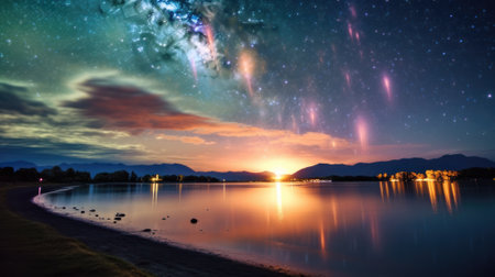 Milky Way over lake and mountains at night. Nature composition.の素材