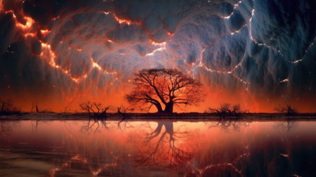 Infrared photo â tree, thunder and lightning in the night sky. wallpaperの素材