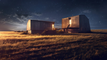 a barn at night with stars in the sky. Background, wallpaperの素材
