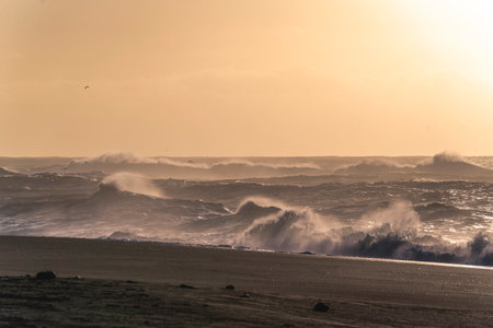 Waves breaking on the beach at sunset, Atlantic ocean, Portugalの写真素材