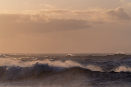 Stormy sea at sunset. Stormy weather. Beautiful natural backgroundの写真素材