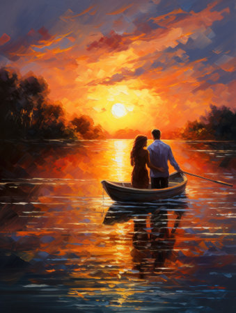 Beautiful couple in a boat at sunset. Oil painting style.の素材
