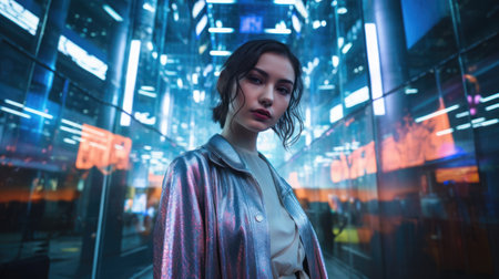 Fashionable young woman in the city at night with neon lightsの素材