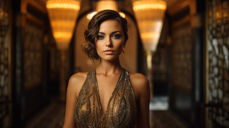 Beautiful woman in evening dress in the interior of a luxury hotelの素材