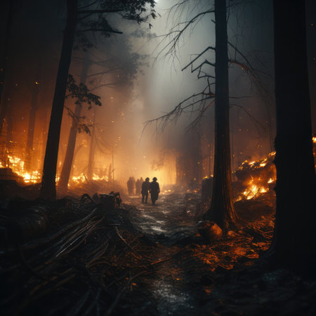 Silhouettes of a group of people walking through the forest during a fire.の素材