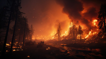Forest fire. Burning pine forest at night. Natural disaster. Burning pine forest.の素材