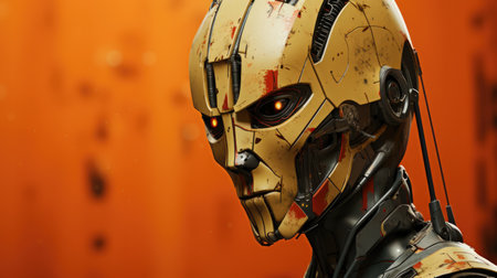 close up of robot face on orange background. 3d rendering.の素材