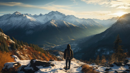 Hiker in the mountains at sunset. Winter landscape with snow covered mountainsの素材