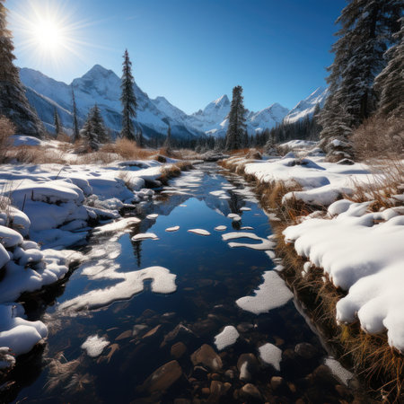 Mountain river with snow and reflection in the water. Winter landscape